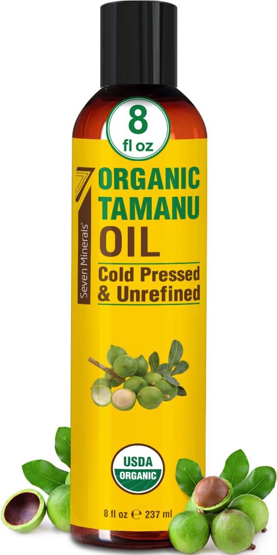 Seven Minerals USDA Organic Tamanu Oil - Big 8oz (240ml) - Cold Pressed & 100% Pure Tamanu Oil Organic for Skin, Face, Hair, & Nails - GMO & Hexane Free Nutrient Dense Carrier Oil that Absorbs Easily