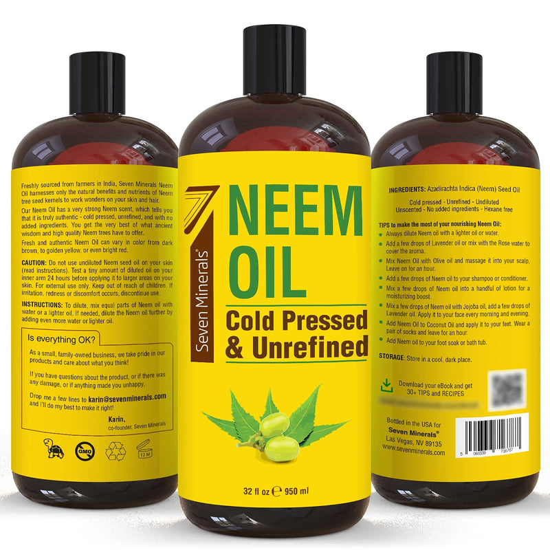 Pure Cold Pressed Neem Oil - Big 32 fl oz Bottle - Non-GMO, Hexane Fre ...